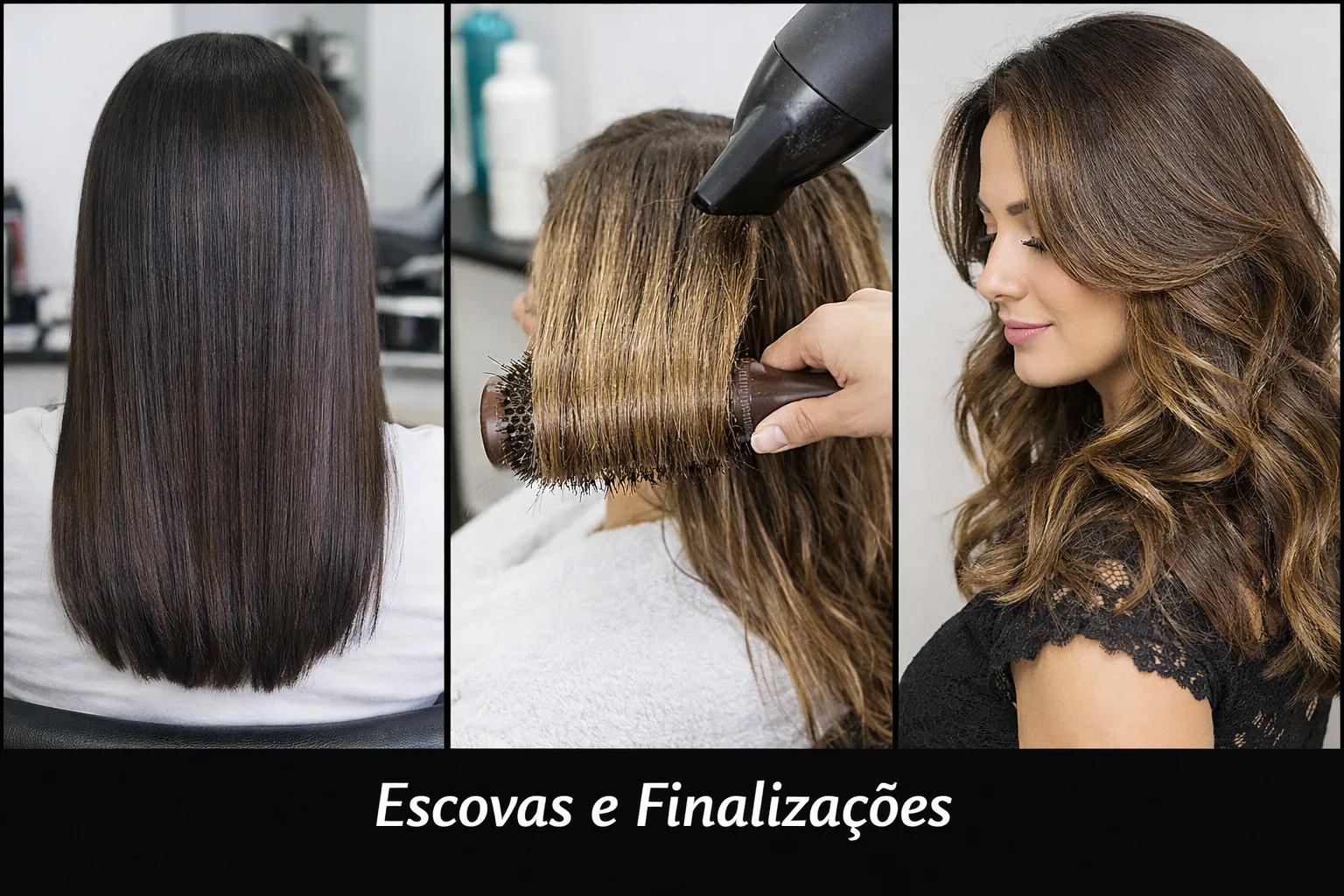 Escovas e finalizações: cabelo liso, escova com secador e ondas suaves