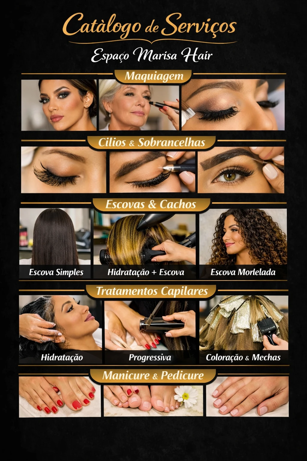 Catálogo completo do Espaço Marisa Hair com todos os serviços